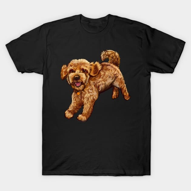 cavalier king charles spaniel poodle Cavapoo playing - Cavapoo puppy dog prancing about  - cavalier king charles spaniel poodle, puppy love T-Shirt by Artonmytee